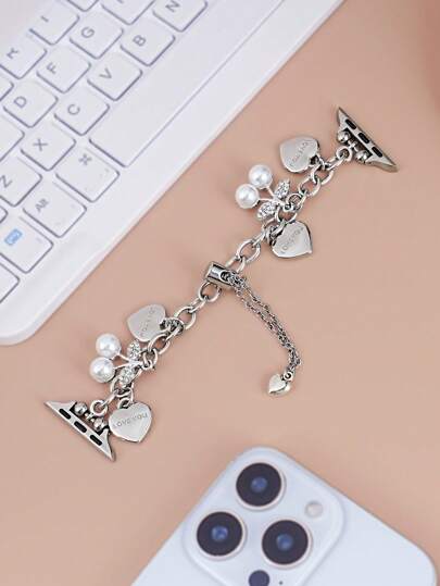 1pc Female's Women's Watch Bracelet Compatible With Apple Watch Band Love Cherry Pendant Silver Chain Watch Strap,Compatible With Apple Watch 38/40/41/42/44/45/46/49 MM, Suitable For Ultra3/2/1/SE/10/9/8/7/6/5/4/3/2/1,Best Gift To Girlfriend