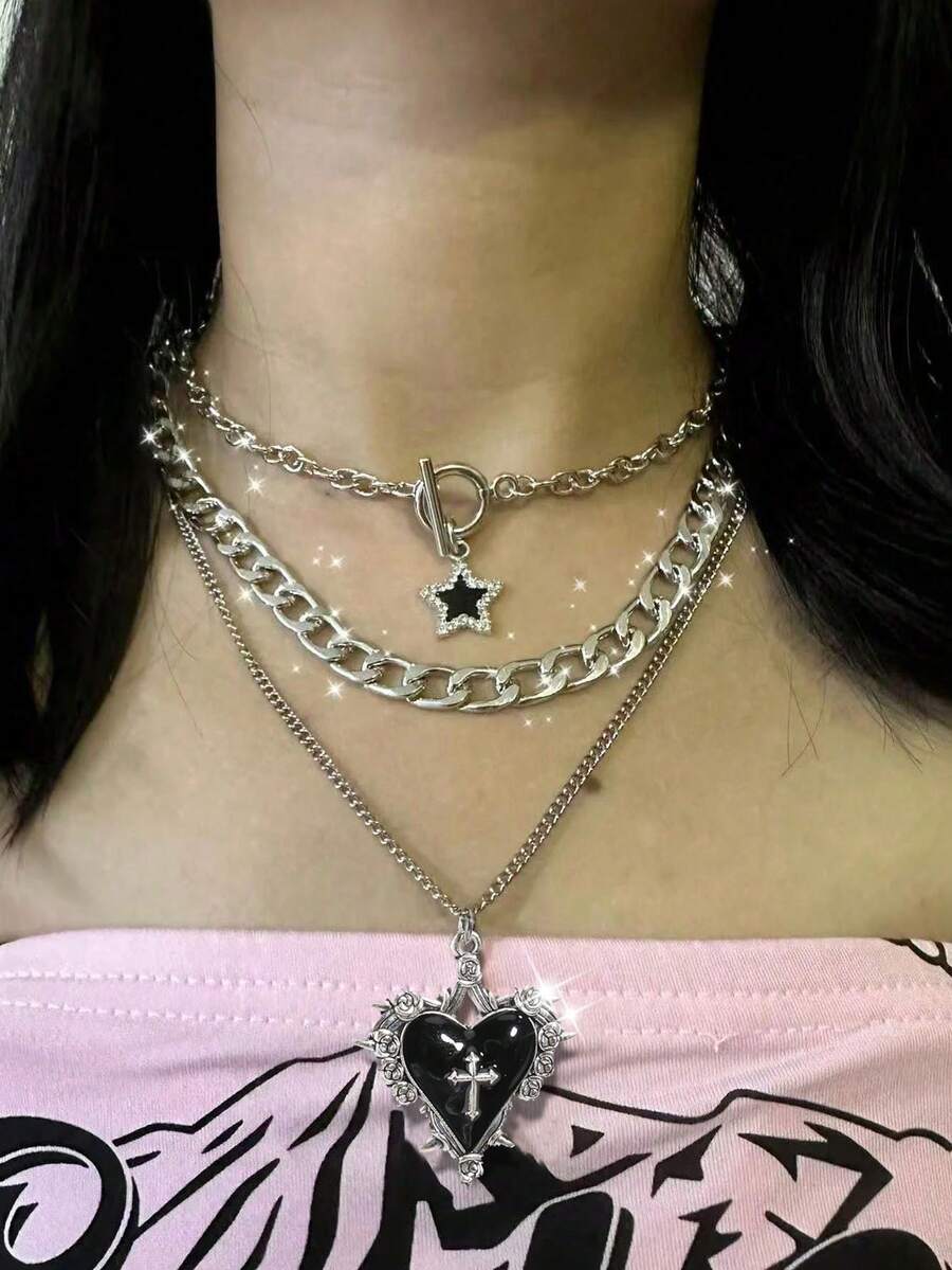 3pcs Punk Rock Star Studded Stainless Steel Necklace With Pendant Designs: Thorn Rose, Cross, Gothic Dark Style, Female Choker Necklace Fit For European And American Y2K Fashion - Silver - View 1