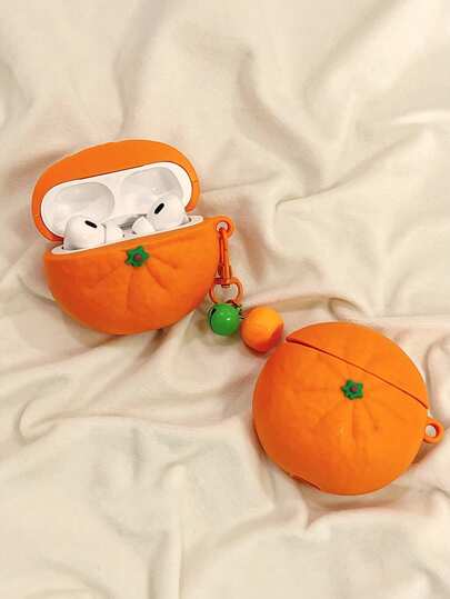 1pc 3D Realistic Orange Shape Case Holder Charm, Silicone Soft Cover Protector Compatible With Apple 4, 1/2/3, Pro (Earphones Not Included)