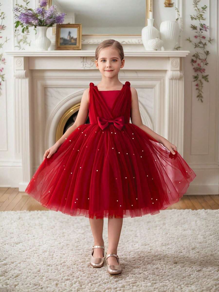 Robe de princesse en tulle avec nœud de Noël fait main et perles, convient pour l'anniversaire de bébé, Noël, fête, mariage, occasions de vacances, robe de demoiselle d'honneur - Rouge foncé - Voir 1