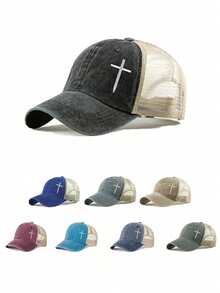 Boné de beisebol feminino com estampa cruzada bordada e lavagem, ajustável, para atividades ao ar livre, viagens de primavera/outono, praia, 1 peça - bordado - Ver 1