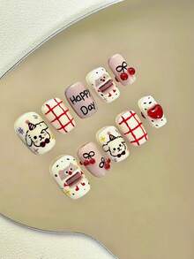 24 Pieces Of Short Coffin Shaped Pressed Fake Nail Patches, Cute Puppy Color Matching Cute Style Children's Nail Patches, Fingertips, Matched With 1 Piece Of Jelly Glue And 1 Piece Of Rubbing Strip, Suitable For Children's Parties, Dances, Daily Casual Wear, Detachable And Reusable Wear