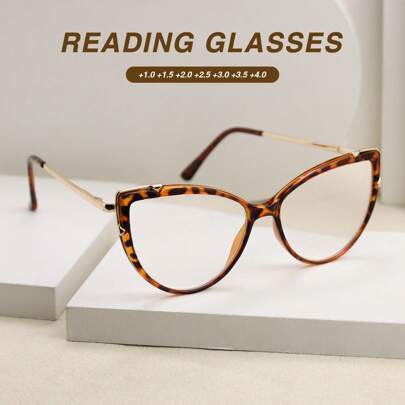 1pc Fashion Cat Eye Reading Glasses For Women, Quality Spring Hinge Metal Decor Presbyopic Glasses, Large Frame Leopard Print Eyeglasses, An Elegant Essential Daily Wear