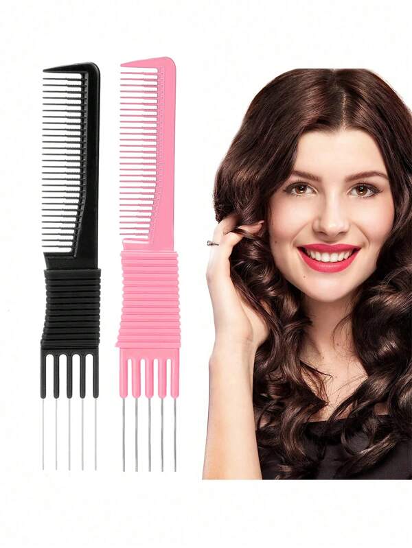 1 stuk Carbon Lift-plaagkammen met metalen tanden, salon-kapper huishoudelijke haarplaagkammen, Carbom met roestvrijstalen lift (roze, zwart)