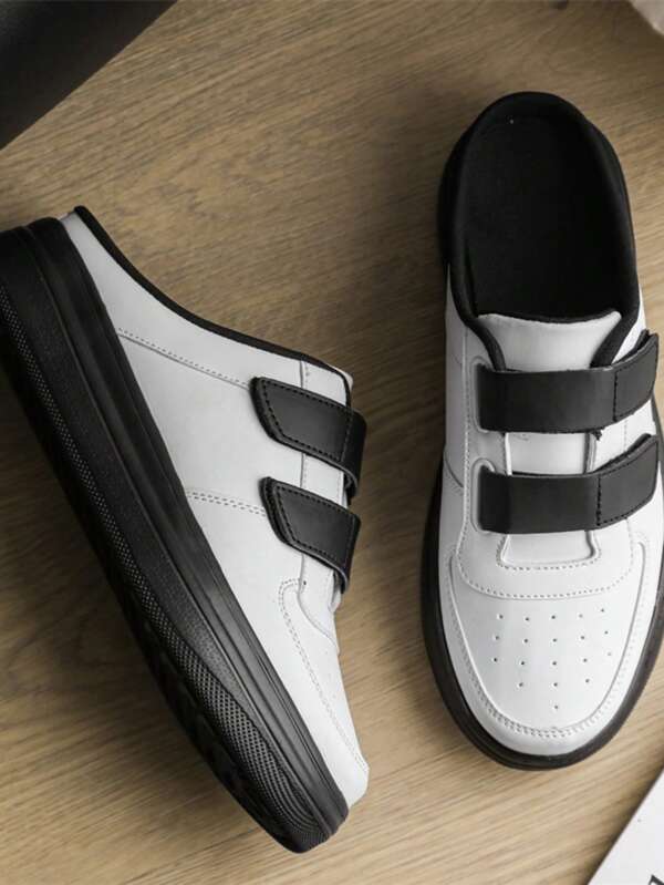 Plus Size Men's Breathable, Anti-Slip Thick Sole Pure White Casual Slip-On Mules, Outdoor Leather Low-Top Sneakers