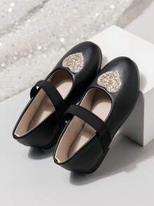 Nuevos zapatos de princesa para niñas pequeñas para volver al colegio, decorados con corazones dorados, zapatos planos de suela blanda para primavera/verano/otoño - Negro - Ver 1