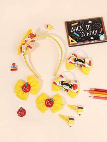 7 件套返校头带发带蝴蝶结套装，适合学生，苹果图案罗缎丝带蝴蝶结鳄鱼夹发带松紧带，带苹果配件铅笔按扣夹 BB 夹，可爱苹果印花蝴蝶结发夹发绳头饰可爱铅笔蝴蝶结发夹，适合开学第一天礼物，蝴蝶结发夹青少年发饰