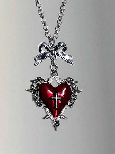 1 件哥特朋克风格红黑心形、蝴蝶、十字架吊坠项链，复古风格 Y2K 美学颈链，适合女士