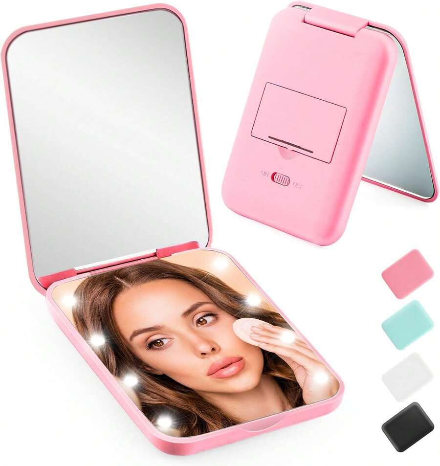 Mini Travel Compact Mirror, 1X/3X Magnifying LED Pocket Travel Makeup Mirror For Women With Light For Purse, Double-Sided, Portable Folding Handheld, Small Lighted Mirrors For Girl Gifts - Pink - View 1