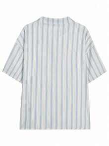 Stripe Print Short Sleeve Loose Casual Shacket - Blue - View 7