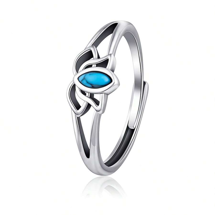 1pc Elegant 925 Silver Faux Turquoise Hollow Lotus Flower Ring, Suitable For Women For Holiday, Party, Wedding