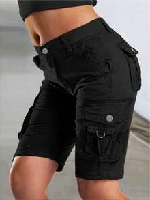 Women's Solid Color Frill Trim Casual Cargo Shorts Black Summer - Black - View 3