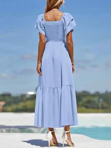 Women's Summer Casual Dresses Square Neck Ruffle Short Sleeve High Waist A-Line Wedding Dresses - Màu xanh nhạt - Xem 2