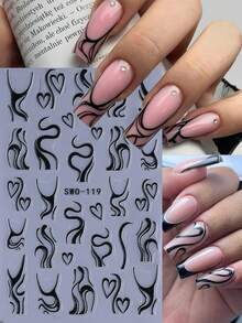 2 件法式黑白 5D 亚克力指甲贴纸线条心形涂鸦美甲图案法式漩涡 DIY 自粘 5D 浮雕图案美甲装饰用品适合女士女孩 - 黑與白 - 查看 4