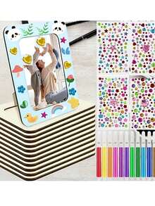 Kit DIY pentru rame foto cu 21 de bucăți, inclusiv 5 rame foto din lemn nefinisate, 12 mini pixuri acuarelă și 4 autocolante cu diamante din cristal, rame foto personalizate, decor pentru casă cu rame din lemn, artizanat DIY, potrivit pentru familii, decorarea casei, Ziua Recunoștinței, Crăciun, ziua de naștere, cadouri de sărbători