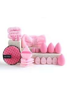15支化妆刷套装 + 1个发带 + 2个腕带 + 4个粉色化妆海绵 + 4个粉色迷你化妆海绵 + 4个粉色指套粉扑 + 4个粉色三角粉扑 + 1个卸妆粉扑 + 1个化妆包，包含眼影、粉底、BB霜、遮瑕膏、散粉、腮红等，一套完整的化妆工具，女士适用，柔软舒适。套装包含化妆刷、化妆刷套装、化妆刷套装、全套化妆工具、化妆刷套装、化妆礼盒套装。