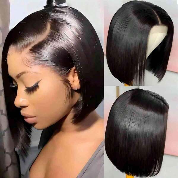 Eulisi Hot Short Bob Wig 13*4 Transparent Lace Frontal Human Hair Pre Plucked Brazilian Human Hair For Women Glueless Wig Human Hair Natural Black Color Straight Bob Wigs For Women 6-14 Inch Short Pixie