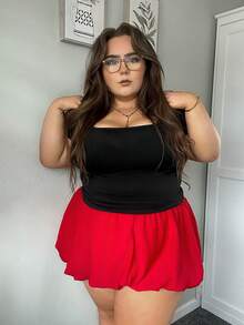 Hourglow 大码纯色褶皱泡泡裙，休闲度假 - 紅色 - 查看 5