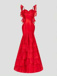 Faeriesty 奢华华丽缎面荷叶边肩部晚礼服 - 多层薄纱美人鱼裙，适合庆典、婚宴、舞会和生日派对的正式礼服 - 紅色 - 查看 9