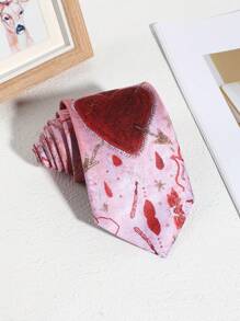 1 条红心樱花图案丝滑手工领带，适合休闲、街头、日常穿着、派对、学校搭配