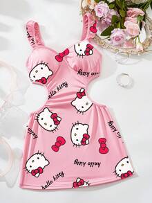 Sanrio Women's Hello Kitty Print,Girl Lotus Leaf Edge Small Flying Sleeve Milk Silk,Pink Pajamas,Cute Sleep Dress,Hollow Out, Exposed Waist,Bag Hip Skirt,Babydolls,Sexy Lingerie,Sexy Lingerie Dress