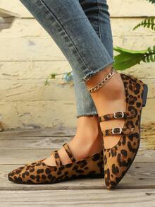 秋冬女式豹纹平底尖头一脚蹬乐福鞋，时尚休闲通勤舒适轻便平底鞋 - 豹紋 - 查看 5