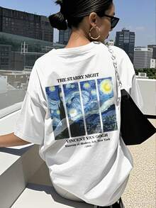 1 件白色星空印花短袖 T 恤，适合青少年女孩、年轻学生和 10-19 岁女孩