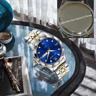 Reloj de cuarzo personalizado de acero inoxidable con grabado con nombre o frase, reloj de madera personalizado para novio/prometido/marido como regalo de cumpleaños o aniversario