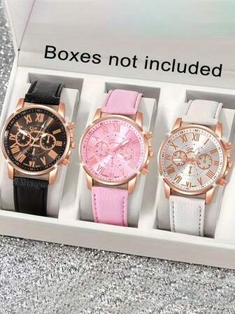 3 件女士优雅罗马数字手表 - 简约女士手表，玫瑰金色表壳，黑色/白色/粉色表带套装 - 适合日常、派对、正式活动的石英模拟手表 - 女士理想的生日/周年纪念礼物，正式钟表，时尚配饰，耐用钟表