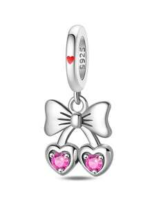 1pc Sterling Silver Pink Love Pendant, Silver Bow, Pink Zirconia Love Champagne, Gold Rose Pendant, Bead Making Necklace, Bracelet Diy Women'S Jewelry, Valentine'S Day Birthday Gift For Girlfriend