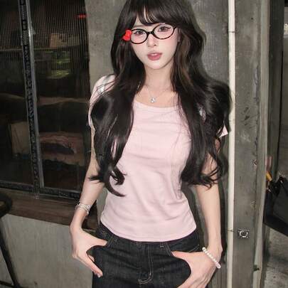여름에 어울리는 다용도 올매치 브이넥 반소매 상의, 허리를 슬림하게 잡아주는 실루엣, 슬림닝 효과