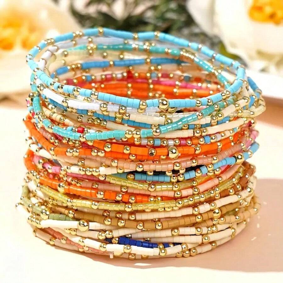 MDFUN 19 Pcs Friendship Bracelets Boho Stackable Bracelets For Women Surfer Heishi Clay Bead Bracelets Stretch Preppy Bracelets Colorful Boho Bracelets For Women - Đầy màu sắc - Xem 1
