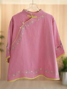 JIANHU 春夏刺绣立领上衣，现代中式纽扣设计，宽松优雅百搭衬衫 - 西瓜粉 - 查看 4