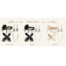 1920s Flapper Lady Full Set! Feather & Rhinestone Headband + Geometric Rhinestone Earrings + Faux Pearl Necklace + White Gloves, Immersive Retro Jazz Party Glamour Halloween