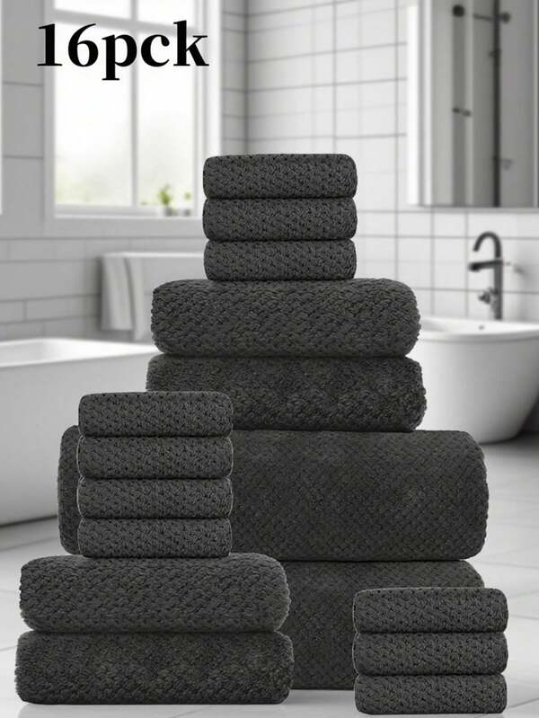 16pcs Set: 10pcs Face Towels + 4pcs Hand Towels + 2pcs Bath Towels, Pineapple Textured Pure Black Coral Fleece, Soft & Comfortable, Quick-Drying, Suitable For Bathing, Face Washing, Sports, Gym, Bathroom, Travel