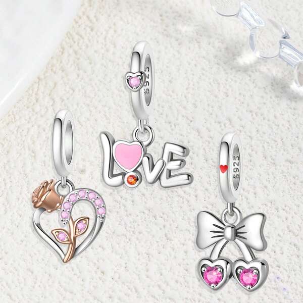 1pc Sterling Silver Pink Love Pendant, Silver Bow, Pink Zirconia Love Champagne, Gold Rose Pendant, Bead Making Necklace, Bracelet Diy Women'S Jewelry, Valentine'S Day Birthday Gift For Girlfriend