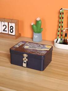 1pc Vintage Style Large Capacity Metal Tin Box With Lock And Key - Ideal For Cosmetics, Jewelry And Certificates - Black Metallic Art Tin