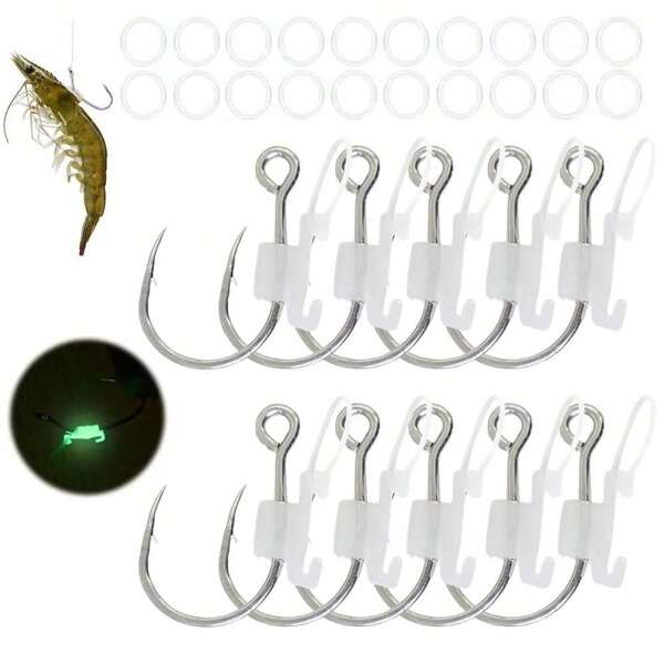 10PCS Luminous Live Shrimp Fishing Hooks Grouper High Strength Barbed Fishhook With Fixed Rubber Ring Sea Bass Carbon Steel Hook