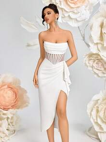 ADYCE 优雅无肩带镂空莲叶缎带前开衩露背中长礼服，适合舞会、生日派对、晚宴、约会、返校节派对、婚礼宾客、鸡尾酒会、家庭聚会等场合。