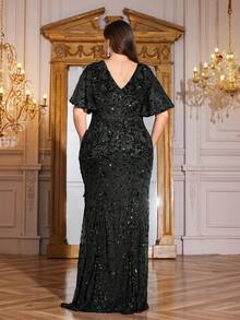 hezixi 高品质弹力优雅亮片拼接超修身加大码V领晚宴鸡尾酒会婚礼周年纪念家庭正式晚宴新娘送礼会生日无袖奢华高贵新娘母亲礼服（重工装饰）黑色春季 - 黑色 - 查看 3