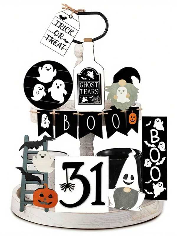 Set de 13/9 piezas de kit decorativo de paleta de Halloween Decoración rústica otoñal de granja con logo de madera de Halloween lindo, elementos de fantasma, calabaza y murciélago, para decoración del hogar, mesa de comedor, habitación, cocina, fiesta y Acción de Gracias (Sin bandeja ni luces)
