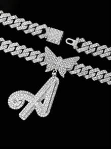 2 pièces Pendentif lettre papillon scintillant pour femmes, chaîne en alliage de zinc plaquée de rhinestones AAA chatoyants. Bijou parfait pour les fêtes, anniversaires, Noël, la Saint-Valentin et le port quotidien - Idée de cadeau pour maman, Fête des mères