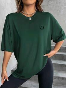 Women's 100% Cotton Casual Off-The-Shoulder T-Shirt With Smile Print - Verde militar - Ver 1