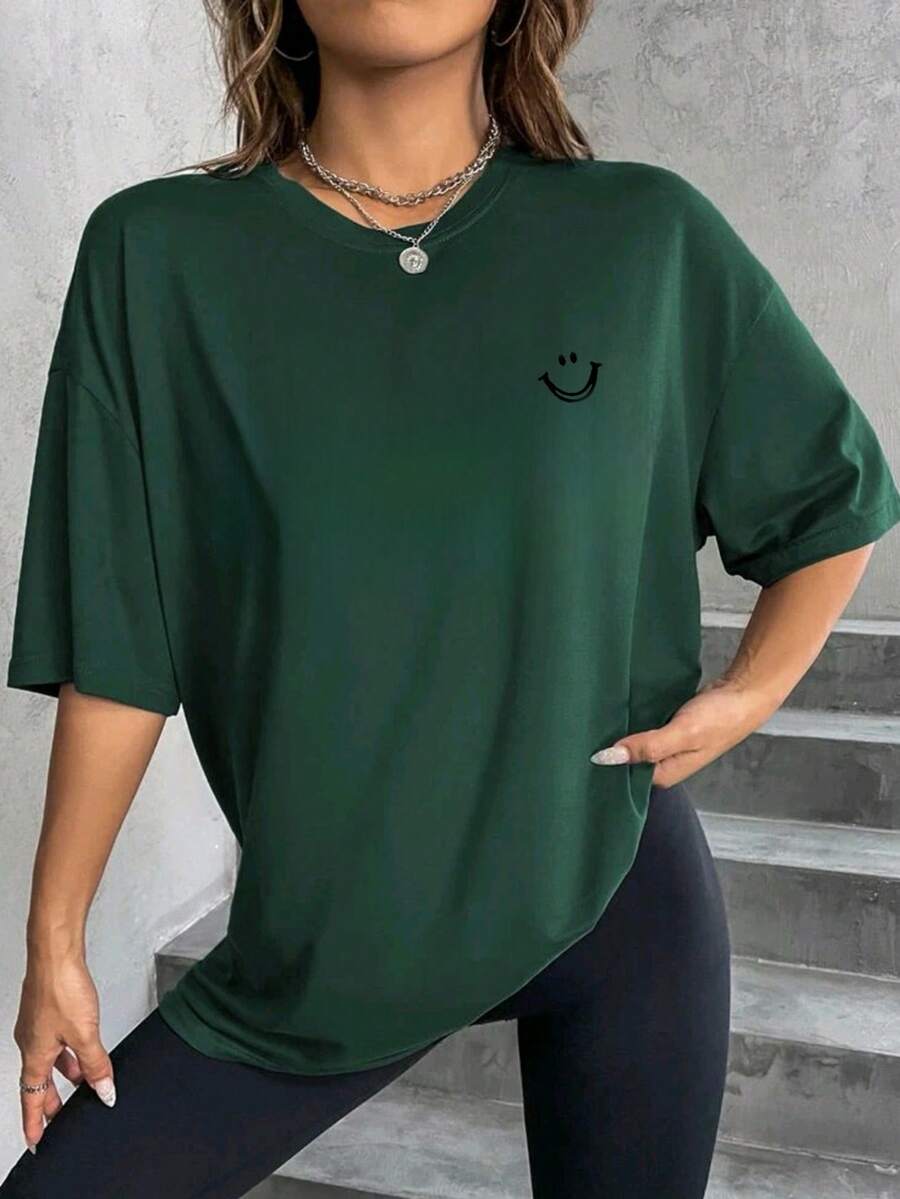 Women's 100% Cotton Casual Off-The-Shoulder T-Shirt With Smile Print - Verde militar - Ver 1