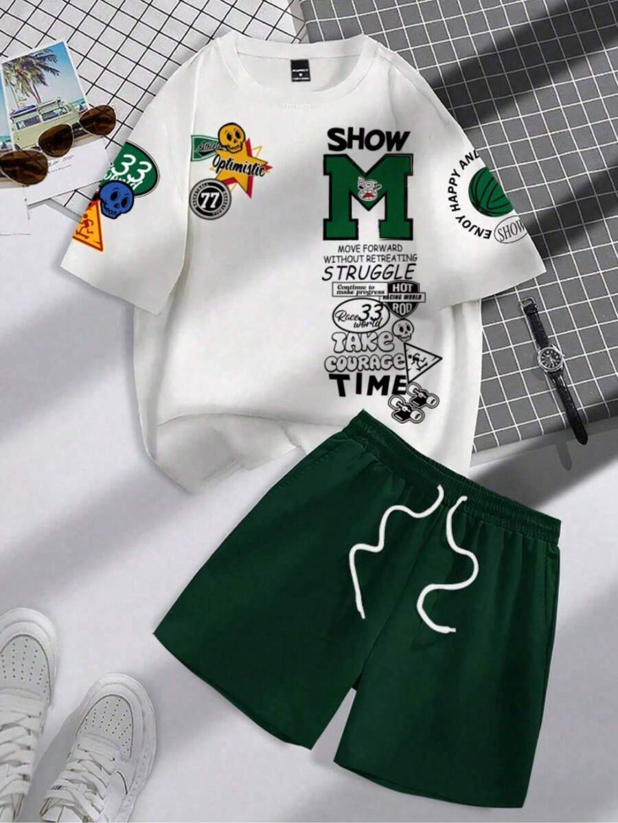 Conjunto hombre, conjunto de camiseta de manga corta entallada y pantalones cortos para hombre, uso casual y de moda para el día a día - Verde - Ver 1