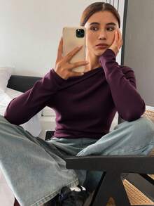Livesso Women Casual Solid Color Oblique Shoulder Loose Knit Sweater, Autumn & Winter,Long Sleeve Tops - Burgundy - View 4