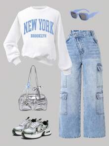 Tween Girl Letter Graphic Print Crew Neck Long Sleeve Top And Cargo Pocket Denim Pants - White - View 1
