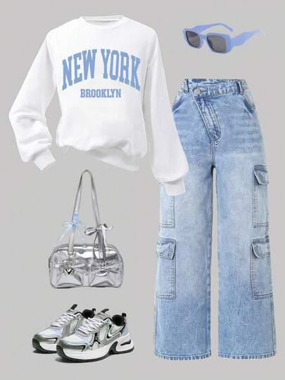 Tween Girl Letter Graphic Print Crew Neck Long Sleeve Top And Cargo Pocket Denim Pants