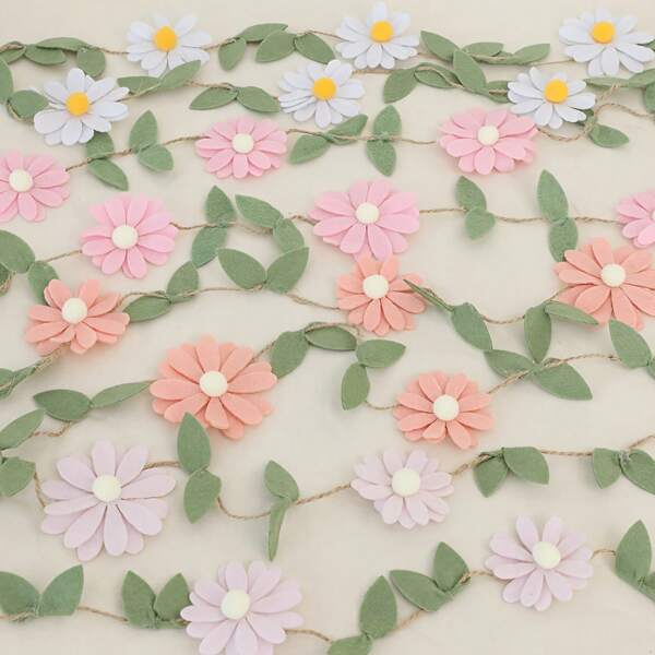 1pc Hand-Made Boho Floral Wreath - Light Pink, White, Orange, Purple Daisy Decor, Green Leafs On Linen Rope - Ideal For Spring Events, Weddings, Birthdays, Teen Parties - Multipurpose Fabric Photo Backdrop & Room Decor