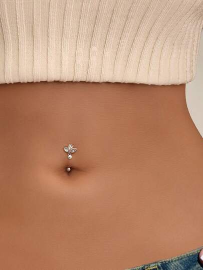 1 Peça Anel de Umbigo de Prata 925 com Diamante em Forma de Trevo, Anel de Umbigo Flor Lótus Dourado Reverso, Joia de Umbigo para Uso Diário, Aniversário, Praia e Férias para Mulheres